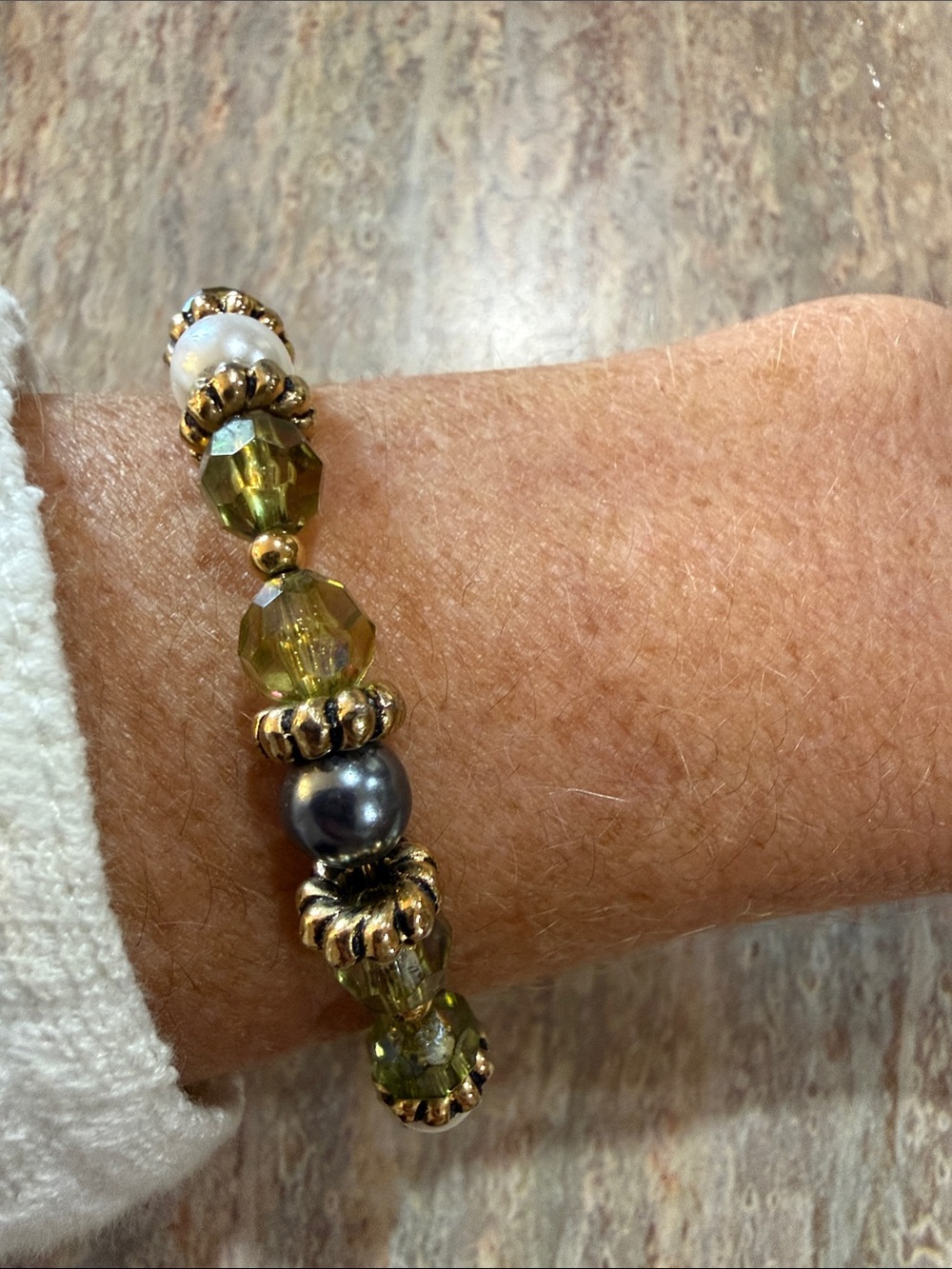 Gold-Tone and Olive Glass Bead Stretch Bracelet with Pearl Accent
